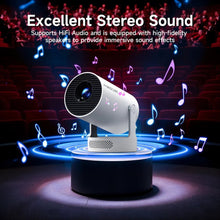 Techsconnect Android 14 8K projector with 1280x720P resolution, dual WiFi, 290 ANSI, 180° flexible mount, portable outdoor cinema.