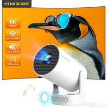 Techsconnect Android 14 8K portable projector with dual Wi-Fi, 290 ANSI brightness, 180° flexible design, and Bluetooth for outdoor cinema.