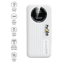 Pursonic 10,000mAh LED fast charging power bank with built-in cables, Type-C, USB, Lightning ports, and 22.5W output.