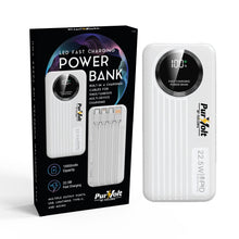 Pursonic 10,000mAh LED fast charging power bank with built-in cables, Type-C, USB, Lightning ports, and 22.5W output.