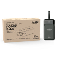 Pursonic PurVolt 40,000mAh ultra-high-capacity power bank charging laptops, phones, and other electronic devices.