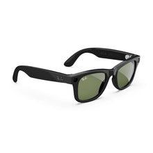 Techsconnect Ray-Ban Wayfarer smart glasses with AI, audio, photo, video features, shiny black frame, green lenses, large fit.