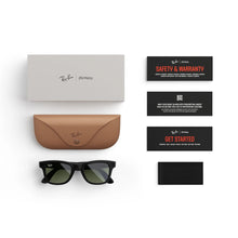 Ray-Ban Wayfarer smart glasses with shiny black frame, green lenses, large fit, featuring AI, audio, photo, and video capabilities.