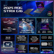 ROG Strix G16 2025 gaming laptop with 16-inch WUXGA display, AMD Ryzen 9, NVIDIA GeForce RTX 5060, 16GB DDR5 RAM, 1TB SSD