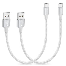 Two white 1ft USB C to USB A CarPlay cables from Techsconnect, compatible with iPhone 15, 16, 17, and Air models, short and durable.