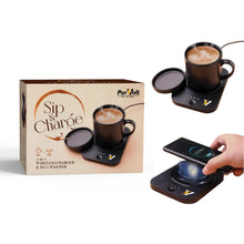Pursonic Sip & Charge 2-in-1 wireless charger and mug warmer on a desk, showcasing its sleek design and dual functionality.