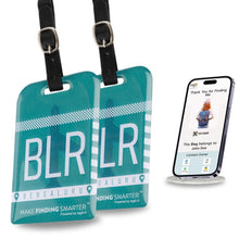 Pair of Global Lost Recovery Service Smart Bag Security Tags for Bengaluru (BLR), designed to secure luggage at airports worldwide.