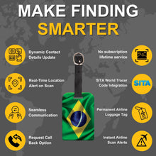 Pair of Smart Bag Security Tags featuring Brazil flag design by Global Lost Recovery Service, used for luggage security and tracking.