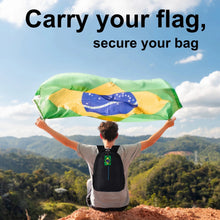 Two Smart Bag Security Tags with Brazil flag design from Global Lost Recovery Service, used for luggage security at airports.