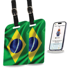 Two Smart Bag Security Tags featuring Brazil flag design from Global Lost Recovery Service, ideal for luggage security.