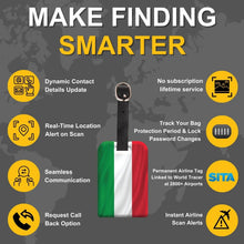 Pair of Smart Bag Security Tags with Italy flag design by Global Lost Recovery Service, ideal for luggage security.