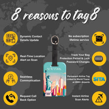 Pair of Smart Bag Security Tags from Global Lost Recovery Service, featuring New York design for secure luggage tracking.