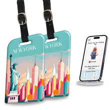 Pair of Global Lost Recovery Service Smart Bag Security Tags featuring New York design, ideal for securing luggage at airports.