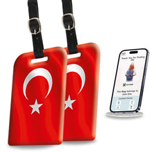 Pair of Smart Bag Security Tags with Turkey flag design by Global Lost Recovery Service, suitable for airport luggage security.