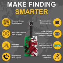 Pair of Global Lost Recovery Service smart bag security tags featuring Wales flag design, ideal for luggage security.