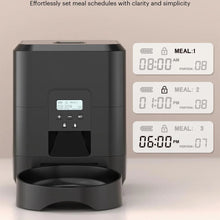 Techsconnect automatic pet feeder for cats and dogs with timed, quantitative food dispensing and a bowl for slow feeding.