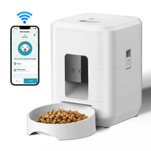 Techsconnect automatic smart pet feeder for cats and dogs with timed, quantitative food dispensing and a bowl for feeding.