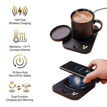 Pursonic 3-in-1 LED desk lamp, wireless charger, and mug warmer on modern workspace desk, showcasing versatile electronic accessories.