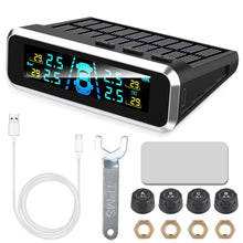 Techsconnect tire pressure monitoring system with external battery sensors, solar-powered, and temperature warning for car tyre pressure.