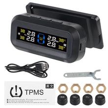 Techsconnect tire pressure monitoring system with external battery sensors and temperature warning for car tire pressure monitoring.