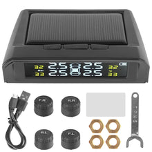 Techsconnect tire pressure monitoring system with external battery and solar sensors, showing temperature warning and real-time tyre pressure data.