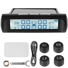 Techsconnect tire pressure monitoring system with external battery and solar sensors, displays temperature warning for car tires.