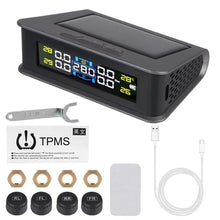 Techsconnect tire pressure monitoring system with external battery sensors, temperature warning, and solar power for car tyre pressure.