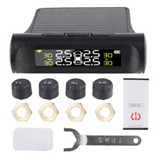 Techsconnect Tire Pressure Monitoring System with external battery and solar sensors, displaying tire temperature and pressure monitoring.