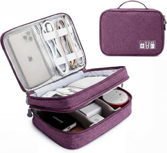 Purple Techsconnect travel cable organizer bag with double layers for cords, chargers, SD cards, and personal electronic accessories.