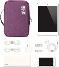 Techsconnect purple travel cable organizer bag with double-layer compartments for cords, chargers, SD cards, and personal electronic accessories.