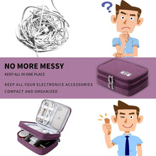 Techsconnect travel cable organizer bag in purple with double layers for cords, chargers, SD cards, and personal electronic accessories.