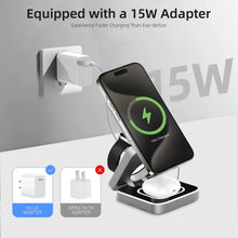 Techsconnect 3-in-1 travel magnetic wireless charging station for iPhone 15-12, Apple Watch 8, AirPods 3/2 with foldable phone holder.