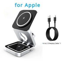 Techsconnect 3-in-1 travel magnetic wireless charging station for iPhone 15-12, Apple Watch 8, AirPods 3/2, with foldable phone holder.