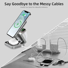 Techsconnect 3-in-1 travel magnetic wireless charging station for iPhone 15-12, Apple Watch 8, AirPods 3/2 with foldable phone holder.