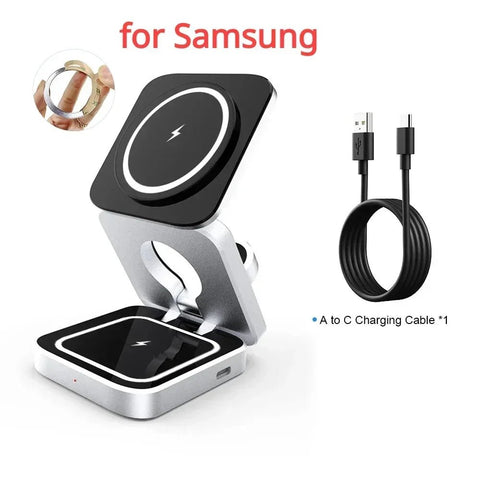 Techsconnect 3-in-1 travel magnetic wireless charging station for iPhone 15-12, Apple Watch 8, AirPods 3/2 with foldable phone holder.