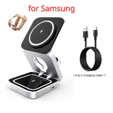 Techsconnect 3-in-1 travel magnetic wireless charging station for iPhone 15-12, Apple Watch 8, AirPods 3/2 with foldable phone holder.
