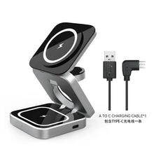 Techsconnect travel magnetic wireless charging station 3-in-1 for iPhone 15-12, Apple Watch 8, AirPods 3/2, foldable phone holder.