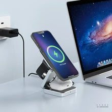 Techsconnect 3-in-1 travel magnetic wireless charging station for iPhone, Apple Watch, AirPods with foldable phone holder in black.
