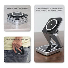 Techsconnect 3-in-1 travel magnetic wireless charging station for iPhone 15-12, Apple Watch 8, AirPods 3/2, with foldable phone holder.