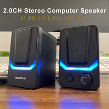 Techsconnect TZ-308 USB 2.0 computer speakers with RGB lighting in black retail packaging, featuring a compact design and audio controls.