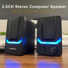 Techsconnect TZ-308 USB 2.0 computer speakers with RGB lighting in black retail packaging, featuring dual channels and sleek design.