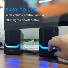 Black TZ-308 USB 2.0 computer speakers with RGB lighting and retail packaging by techsconnect, featuring multiple channels and sleek design.