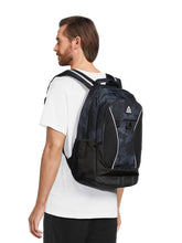 Unisex black camo Laredo 19.5-inch laptop backpack by TechsConnect with multiple compartments and padded shoulder straps.