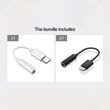 Techsconnect USB Type C to 3.5mm audio adapter for headphones, showcasing compact design and connecting to a smartphone.