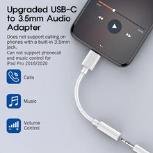 Techsconnect USB Type C to 3.5mm audio adapter for headphones, showing the compact black adapter connected to a device.