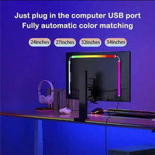 USB RGBIC LED strip lights on a 24-34 inch PC monitor, app-controlled gaming backlight with music sync for gaming room decor.