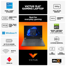 Victus 15.6-inch FHD gaming laptop with 144Hz IPS display, Intel Core i5, 16GB RAM, 512GB SSD, RTX 4050, in Mica Silver color.